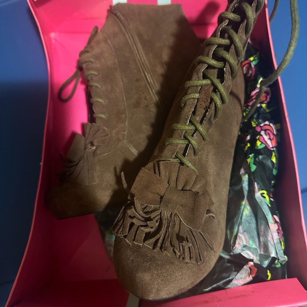 Betsey Johnson Brown Suede Ankle Booties with Fringe